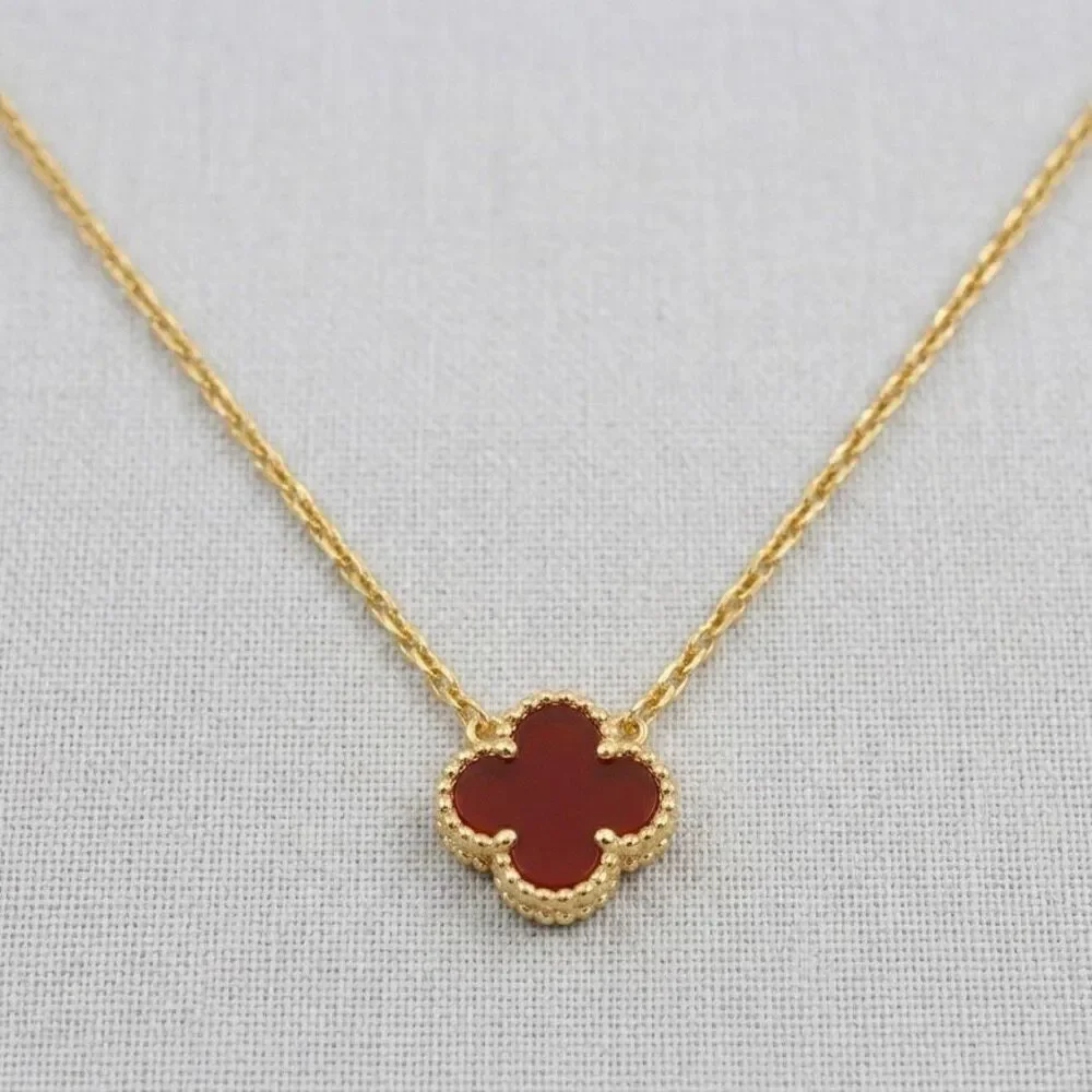 Gold Vermeil Red Carnelian Clover Adjustable Necklace Elegant Four Leaf Dainty